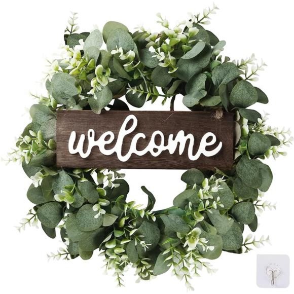 16in Artificial Eucalyptus Wreath with Welcome Sign Green Eucalyptus Leaf